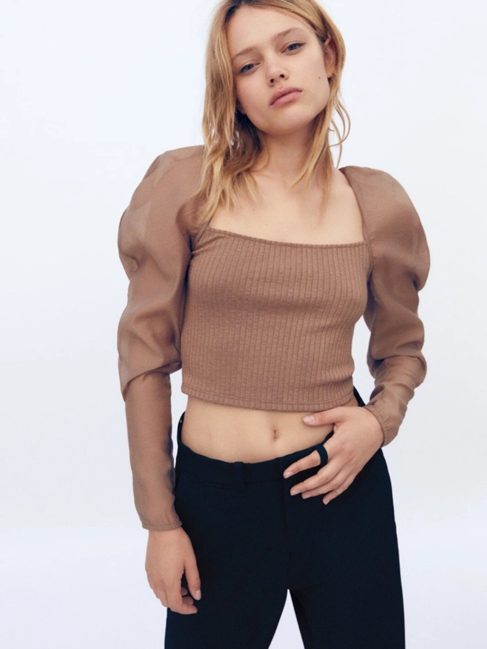 Zara Brown Ribbed Square-Neck Crop Top with Sheer Puff Sleeves